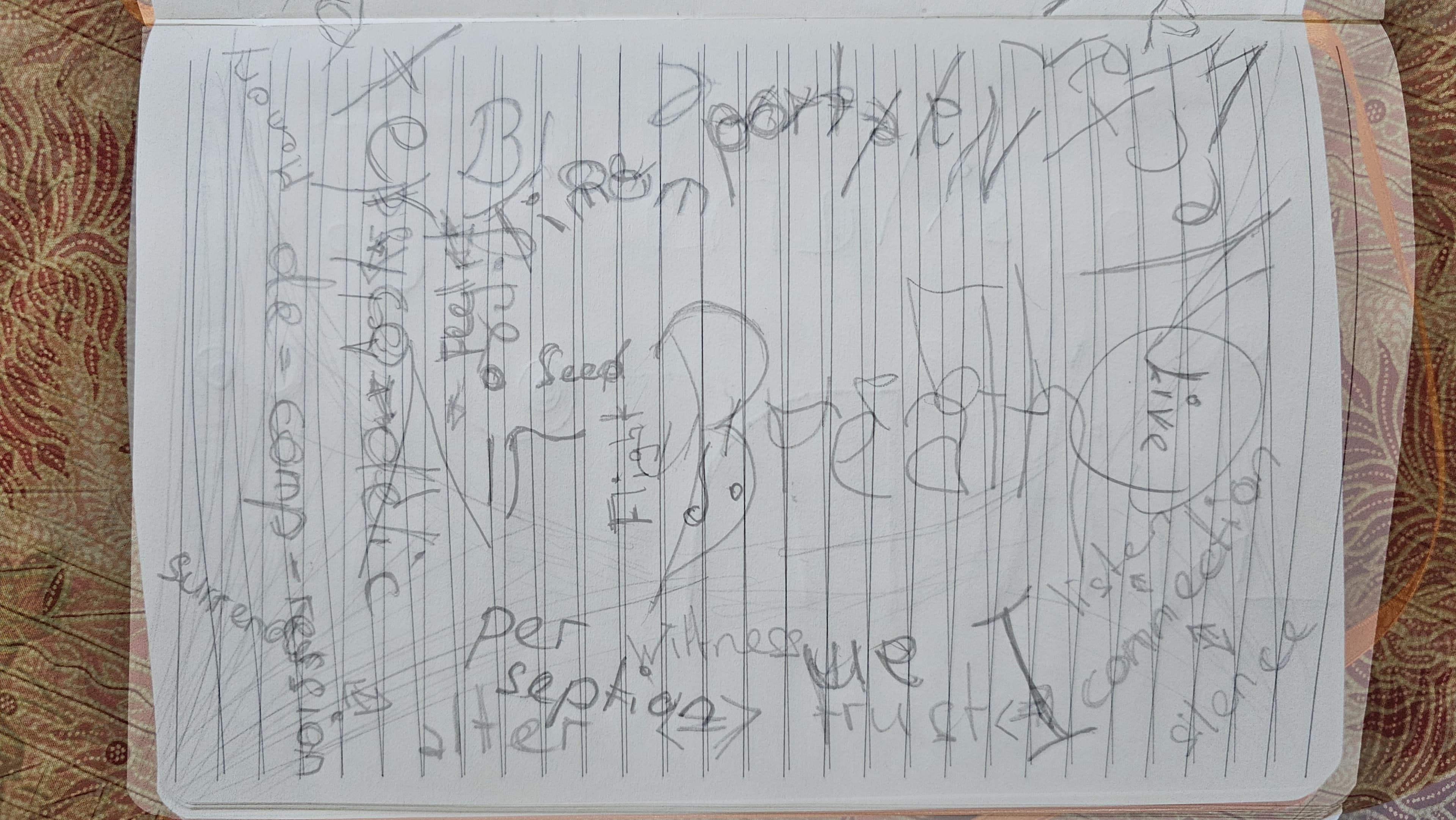 The single page, both faces overlaid at the same orientation. Breath at the center. seed written next to Breath — the seed of what grows. The chain along the lower edge: alter → trust → witness → silence → surrender → connection. On the right, Live circled — the start of Live-O-rganism. Reading the page as one shows the field of forces and the result they produce as one continuous geometry, not two separate teachings.