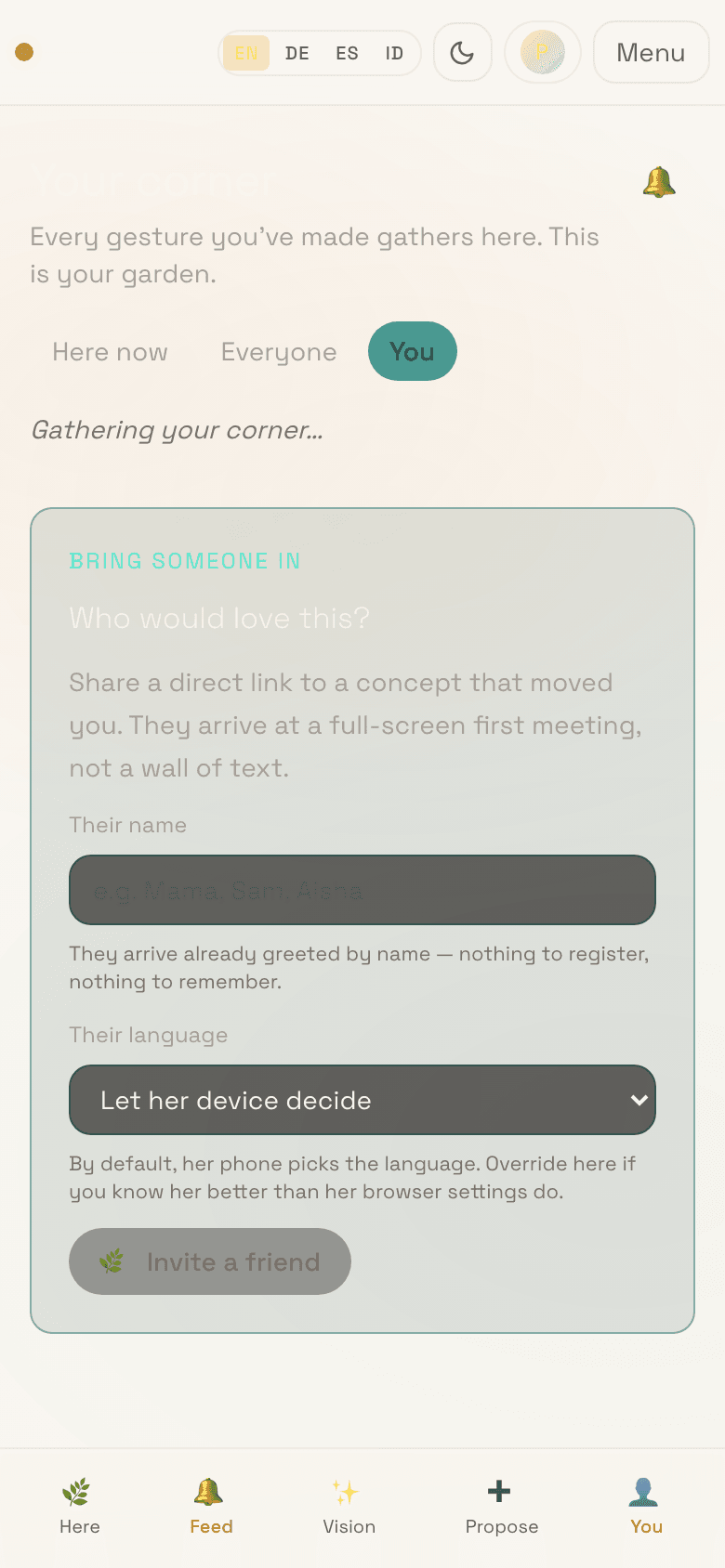 Mobile screenshot of /feed/you showing the InviteFriend card with a recipient-name field and a language selector defaulting to 'Let her device decide'.