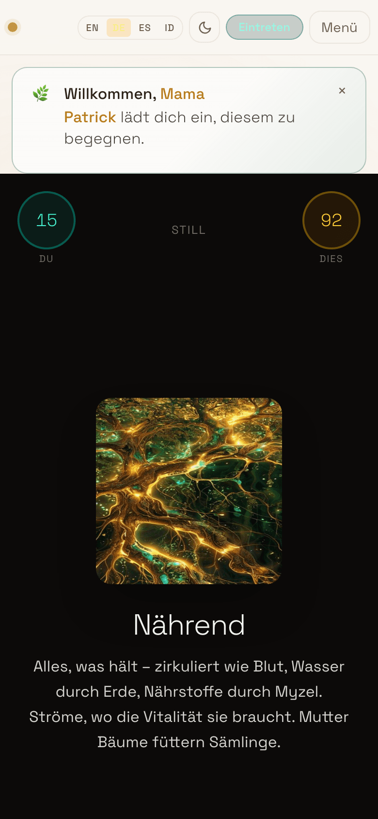 Mobile screenshot of /meet/concept/lc-nourishing showing a 'Willkommen, Mama — Patrick lädt dich ein' banner above the concept image, two pulse circles flanking the mycorrhizal image, and the title 'Nährend' with a full German description below.