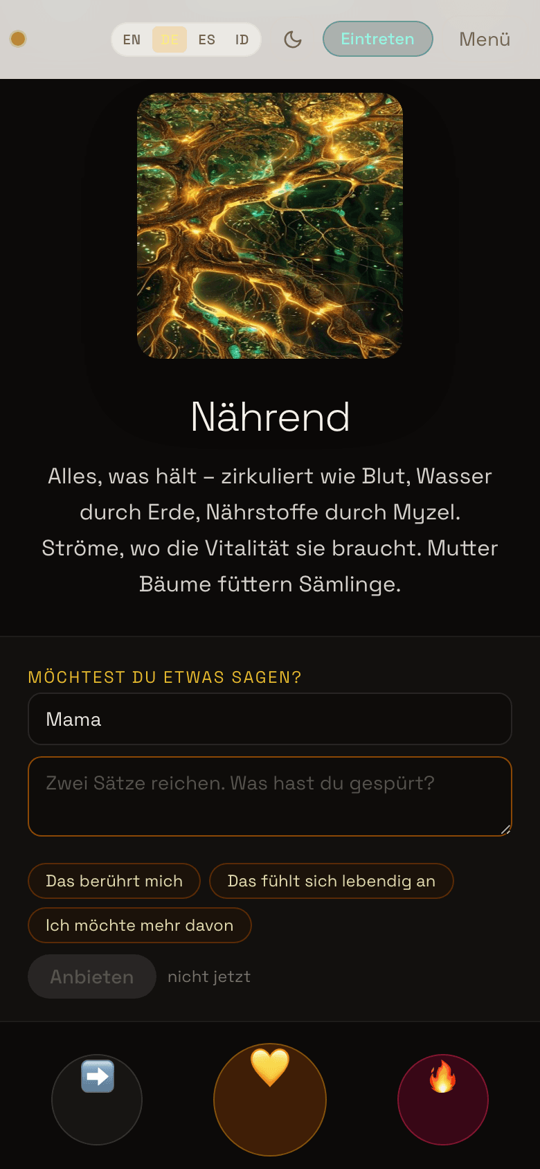 Mobile screenshot of the meeting surface after tapping the amber heart — an inline 'Möchtest du etwas sagen?' panel has appeared with Mama pre-filled in the name field and a German placeholder asking her to share two sentences.