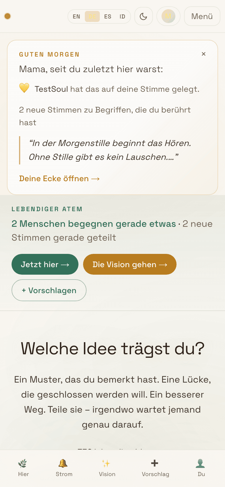 Mobile screenshot of the home page the next morning showing a warm amber 'Guten Morgen' panel addressing Mama by name, with her own voice quoted back to her from yesterday, above the LiveBreathPanel.