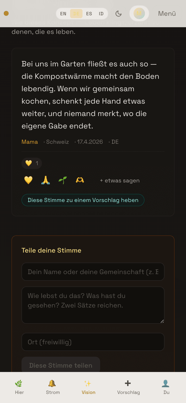 Mobile screenshot of the concept page voices section showing Mama's contribution: 'Bei uns im Garten fließt es auch so — die Kompostwärme macht den Boden lebendig' with Schweiz · 17.4.2026 · DE attribution and a 'Diese Stimme zu einem Vorschlag heben' button.