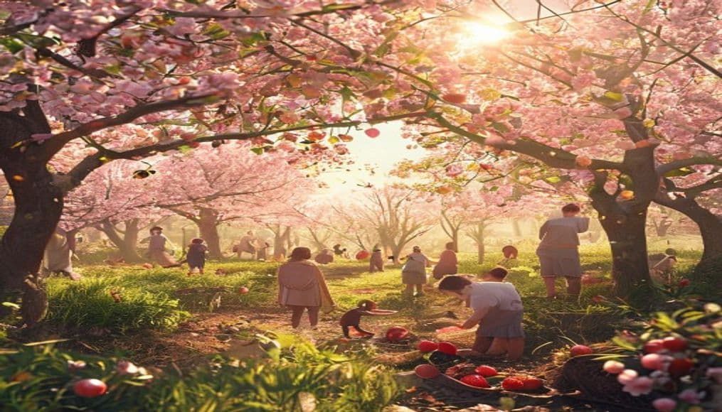 Spring awakening — flowers opening, seeds drifting, light moving through air.