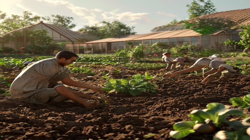 A newcomer working alongside community members in a garden, hands in soil, bodies in easy rhythm together, earthen buildings in background, morning light