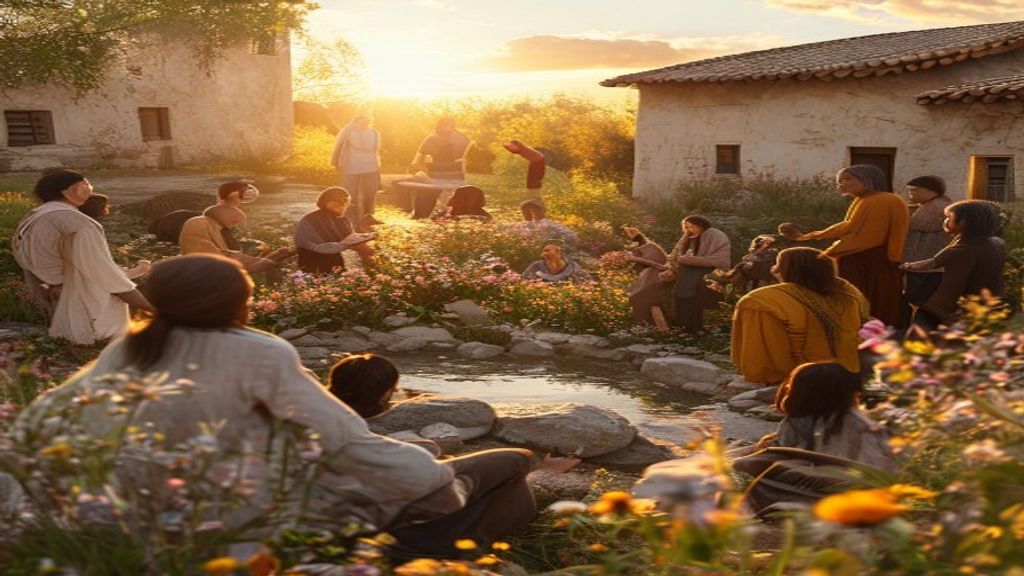 A welcoming ceremony for a new community member, circle of people gathered, someone placing a stone in a garden wall, singing, flowers, golden evening light