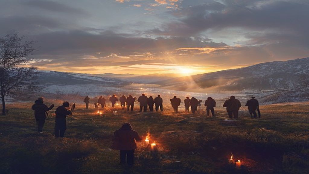 Solstice dawn gathering on a hilltop