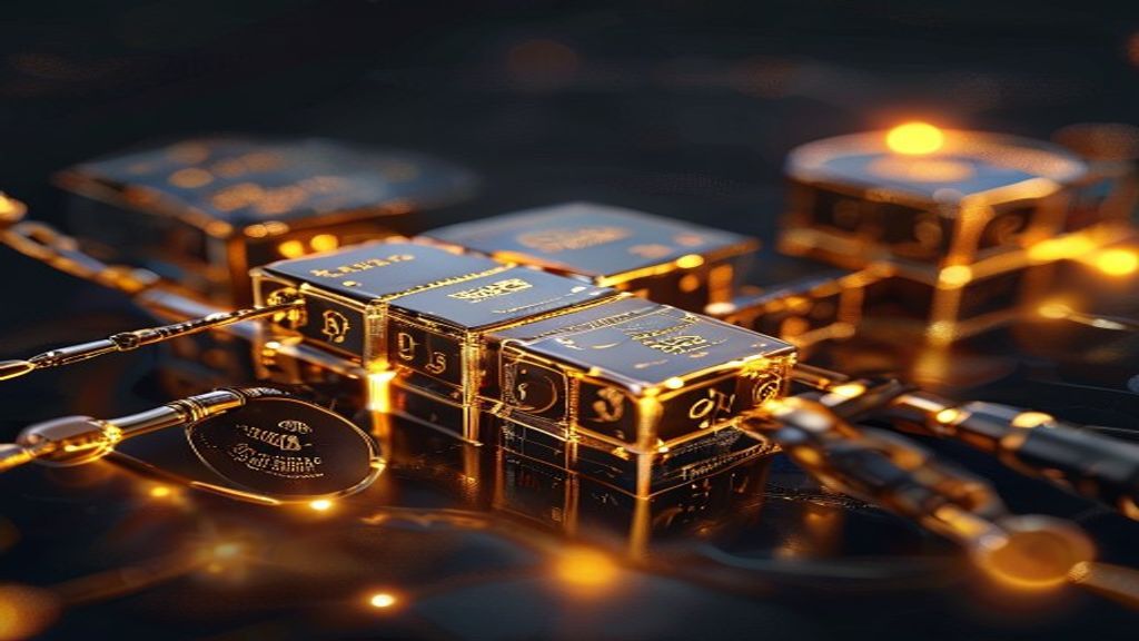 A chain of golden blocks connected by hash links, with a magnifying glass verifying one block, an Ed25519 signature stamp on the weekly summary
