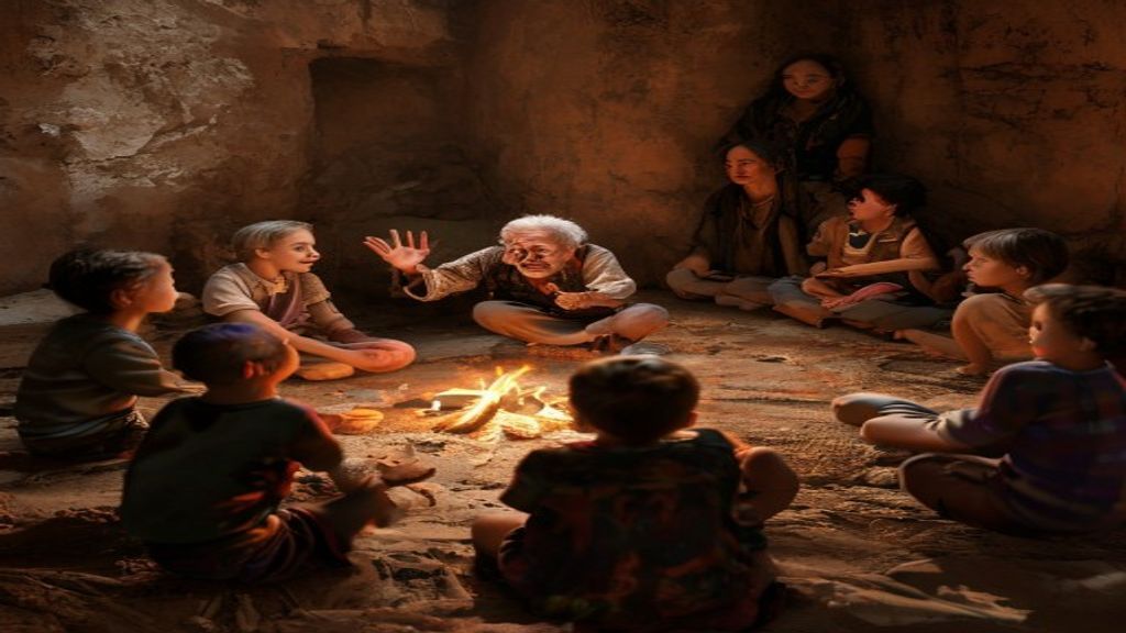 Story circle with elder at the hearth