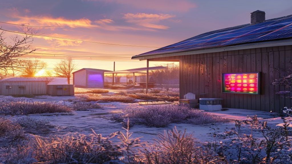 Solar panels on south-facing rooftops with a community energy dashboard glowing in a common house window at dusk