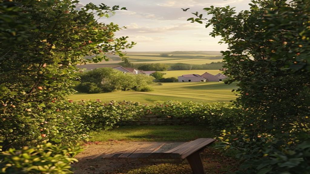 View from a hawthorn hedge looking both inward at community buildings and gardens and outward at open countryside, a gap in the hedge serving as entrance, golden hour light, liminal threshold