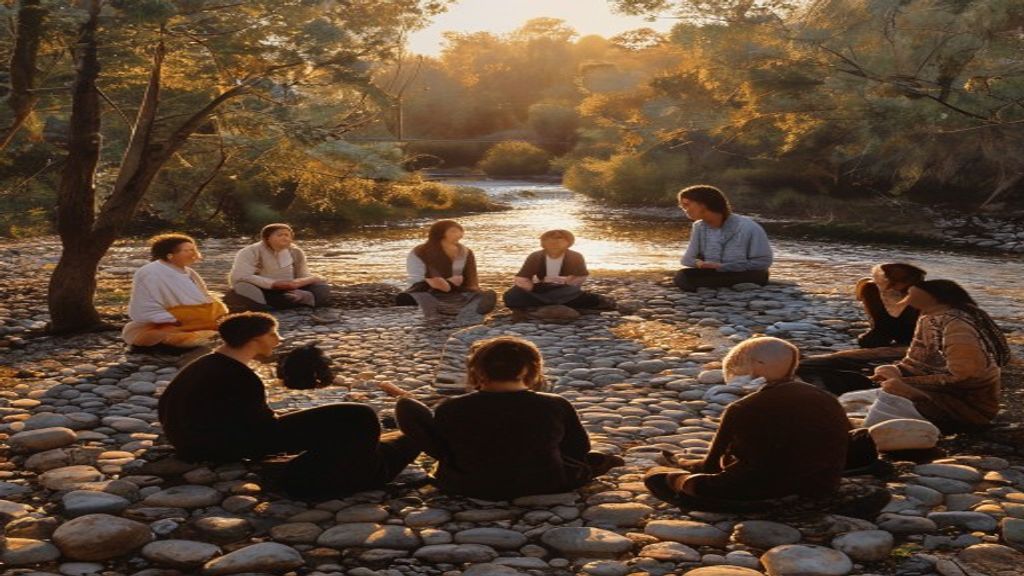 A circle of people outdoors in late afternoon light, one person speaking with emotion while others listen with steady compassionate attention, stones arranged in the center of the circle