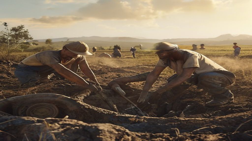 People from two communities working side by side digging a well, sweat and cooperation visible, the physical labor itself serving as the healing