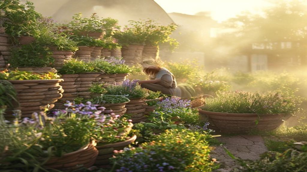 An herb spiral garden at dawn with dew, stone walls, diverse medicinal plants, person harvesting into a basket