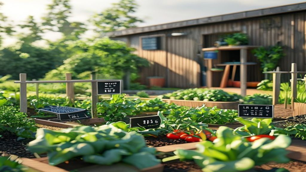 A food garden with small solar-powered sensor stations on posts, digital readout showing soil data, raised beds in morning light