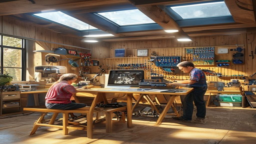 Interior of a community maker space with 3D printer, electronics bench, tools, person soldering a circuit board
