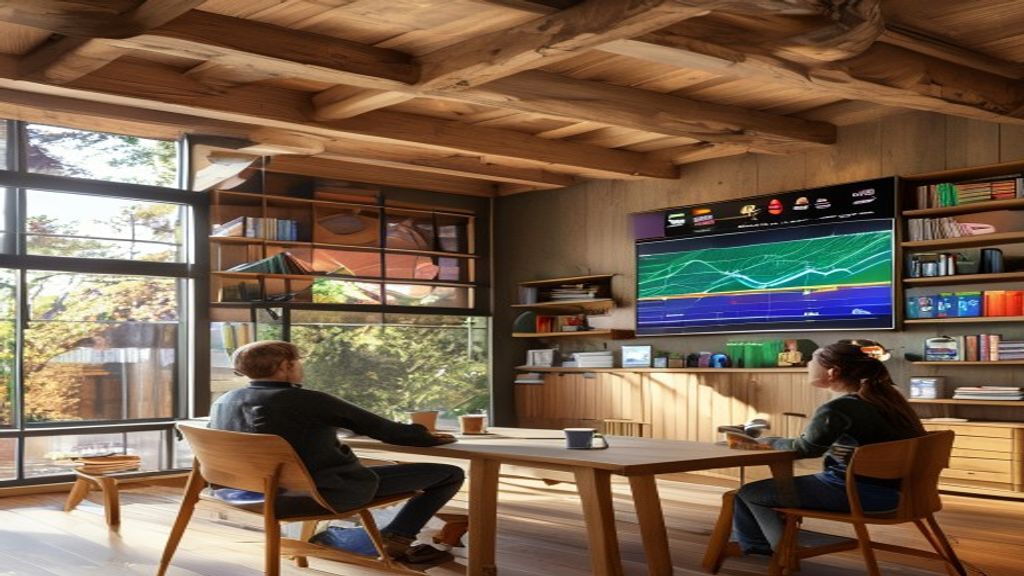 A community energy dashboard on a large wall screen showing solar and battery data, people in a cozy common room