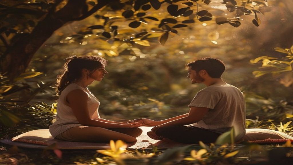 Two people sitting face to face on cushions in a sunlit garden, deep eye contact, warm amber afternoon light, vulnerability visible in their open posture