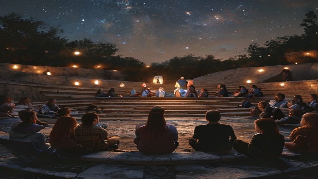 A community Forum circle at dusk, one person standing vulnerably in the center, others sitting in a wide circle listening with full attention, lantern light, open air amphitheater