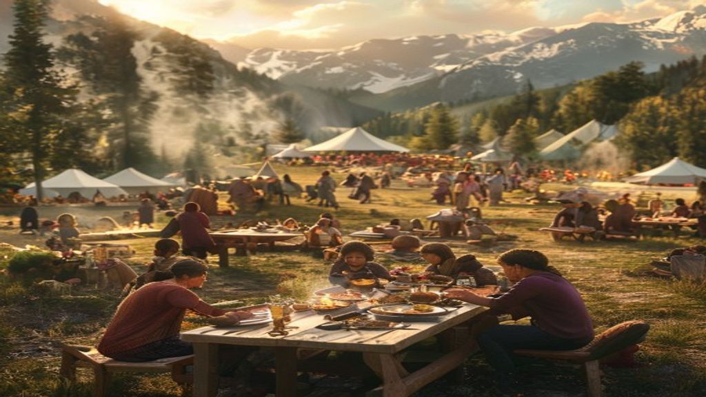 A gathering of people from different communities cooking and sharing around outdoor tables