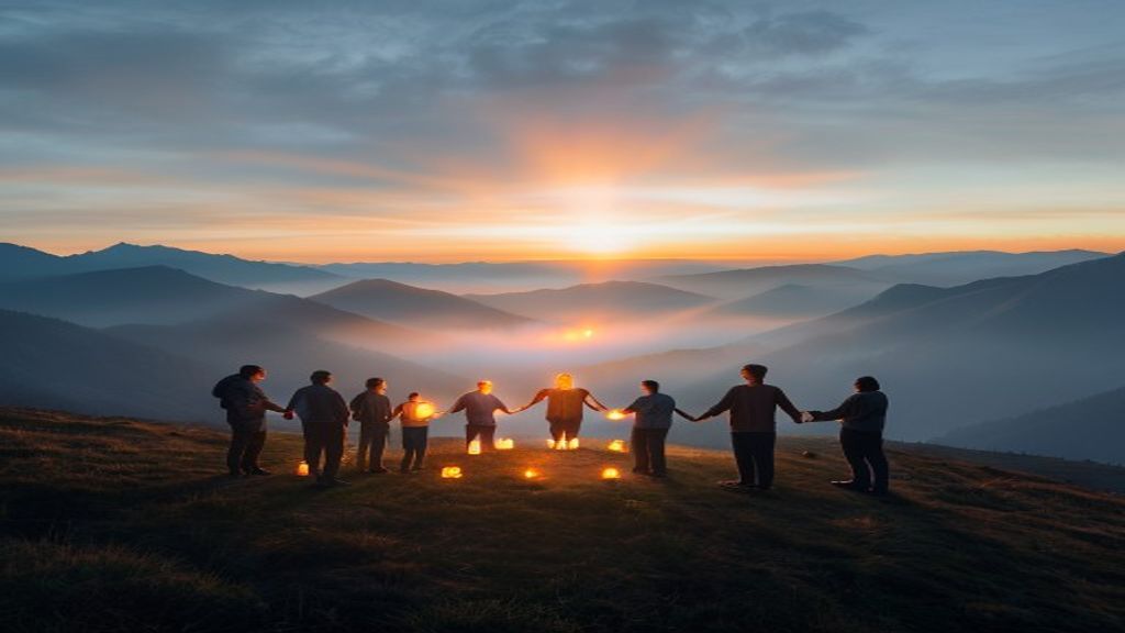 A small group gathered at dawn on a hilltop