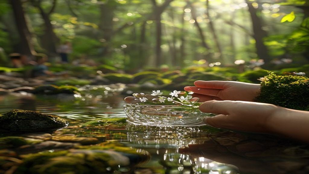 Hands cupping water at a forest spring