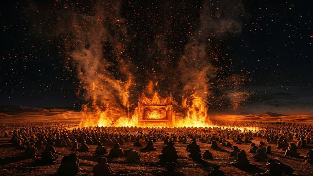 A temple structure burning at night with silent crowd