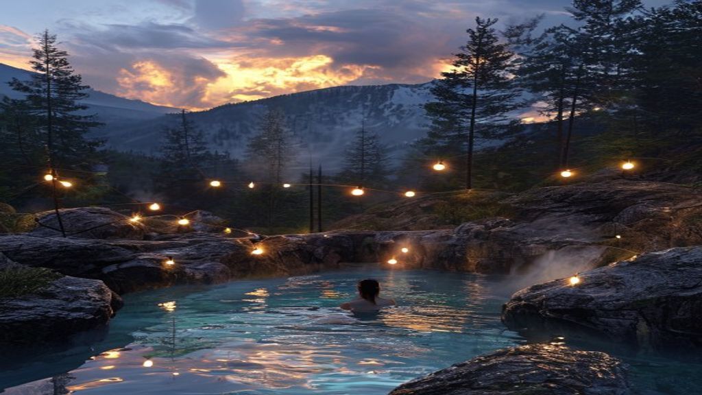 Steam rising from a natural hot spring at dusk