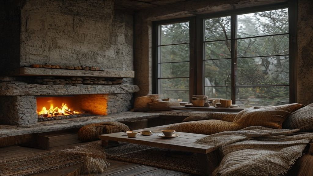 A cozy common room on a rainy evening