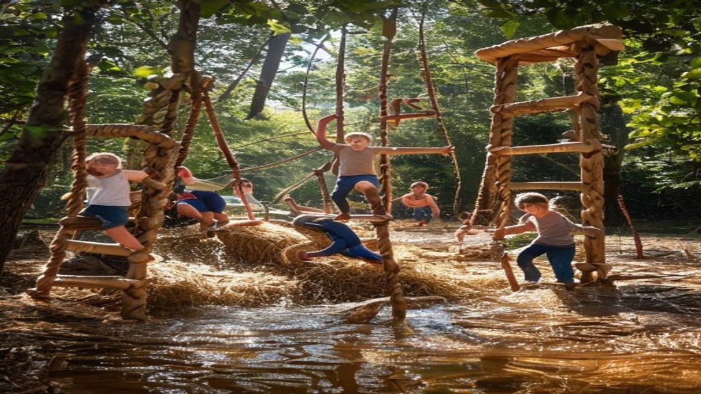 Adults and children playing together on adventure structures