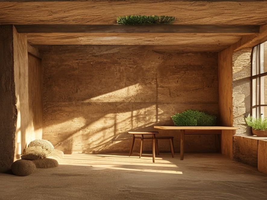 Rammed earth wall interior showing layered geological colors, warm light through south-facing windows, living roof visible through a skylight