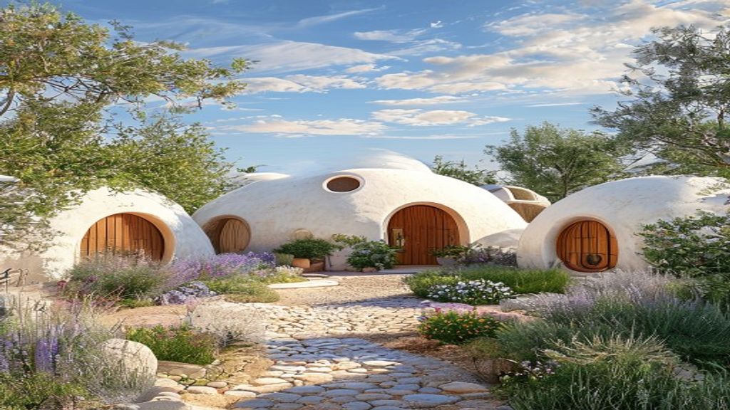 Cluster of whitewashed SuperAdobe domes in a garden setting, round windows, courtyard between structures