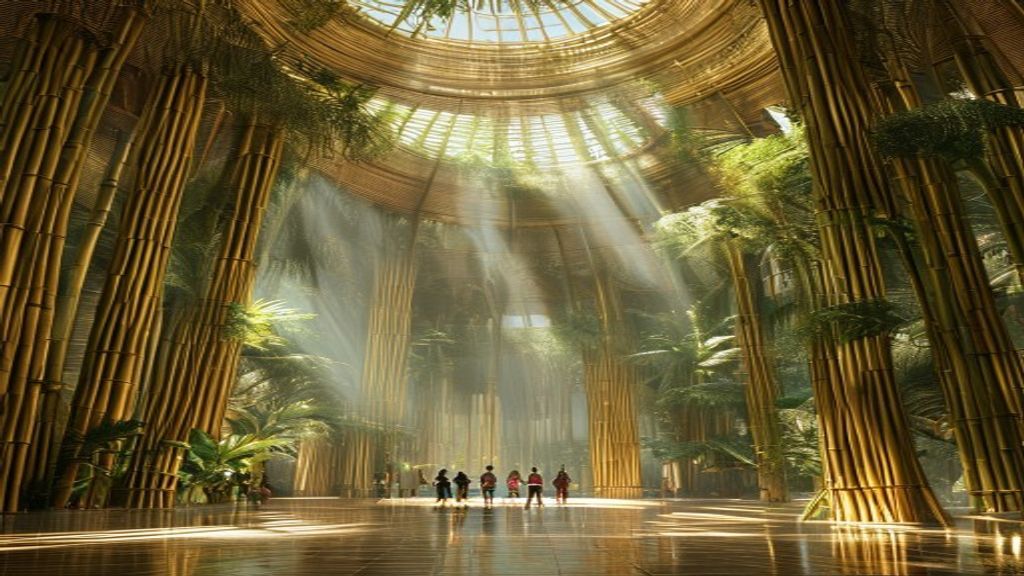 Interior of a large bamboo structure with soaring curved ceiling, natural light, people gathering