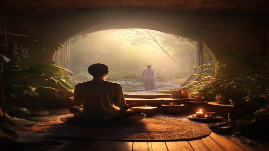 A person sitting quietly in a small sunlit room, round window looking onto a garden path where others walk, candle on a low shelf, warmth and solitude and belonging in one frame