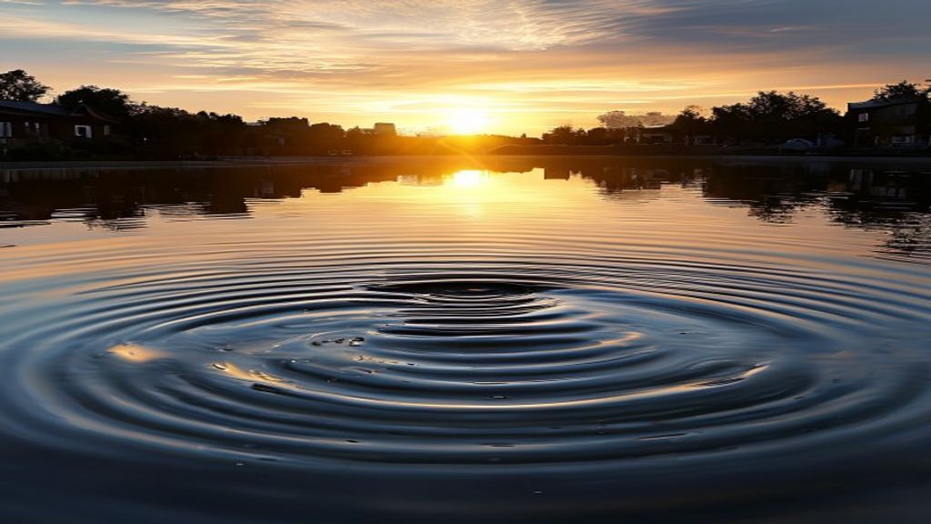 Concentric ripples expanding perfectly from a single point on still water at dawn, golden light, reflection of distant community structures, absolute symmetry