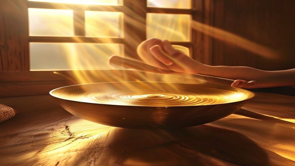 A singing bowl being struck, visible sound waves radiating outward through morning light, hands holding the mallet, meditation cushion beneath, the air itself trembling with vibration